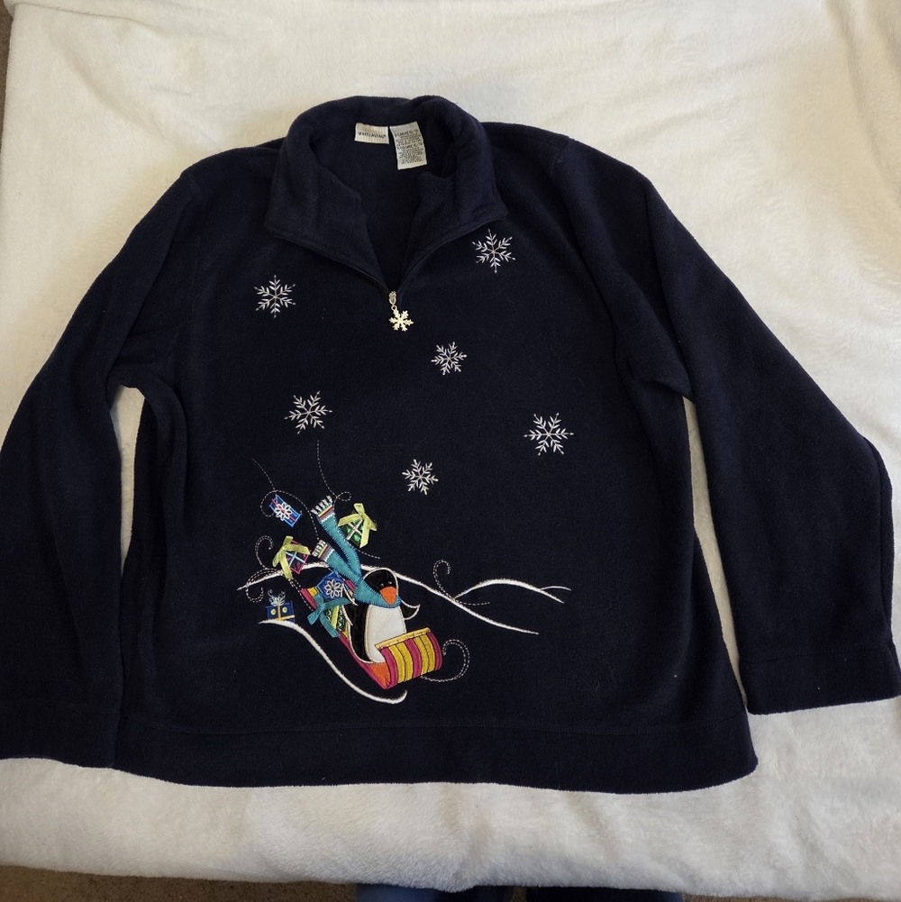 Women's Navy Holiday Pullover Sweater with Snowflake & Sled Embroidery